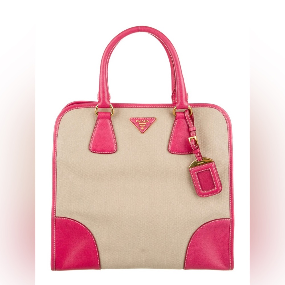 Prada North-to-South pink saffiano leather and canvas tote